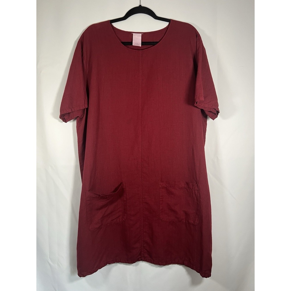 Red Linen Tunic Dress with Pockets Lose Casual Boho Lagenlook Size L Art To Wear